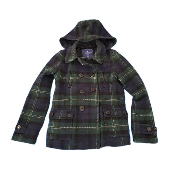 American Eagle Wool Pea Coat Womens Medium Green Blue Plaid Button Pockets *READ - Picture 1 of 10